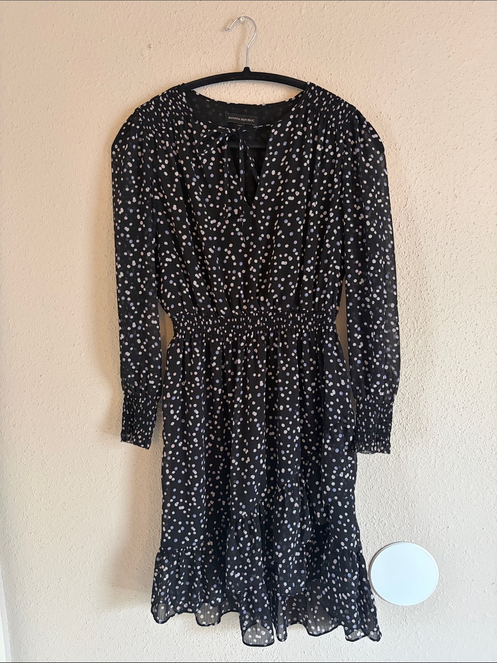 Banana Republic Black Polka Dot Long-Sleeve Smocked Waist Dress